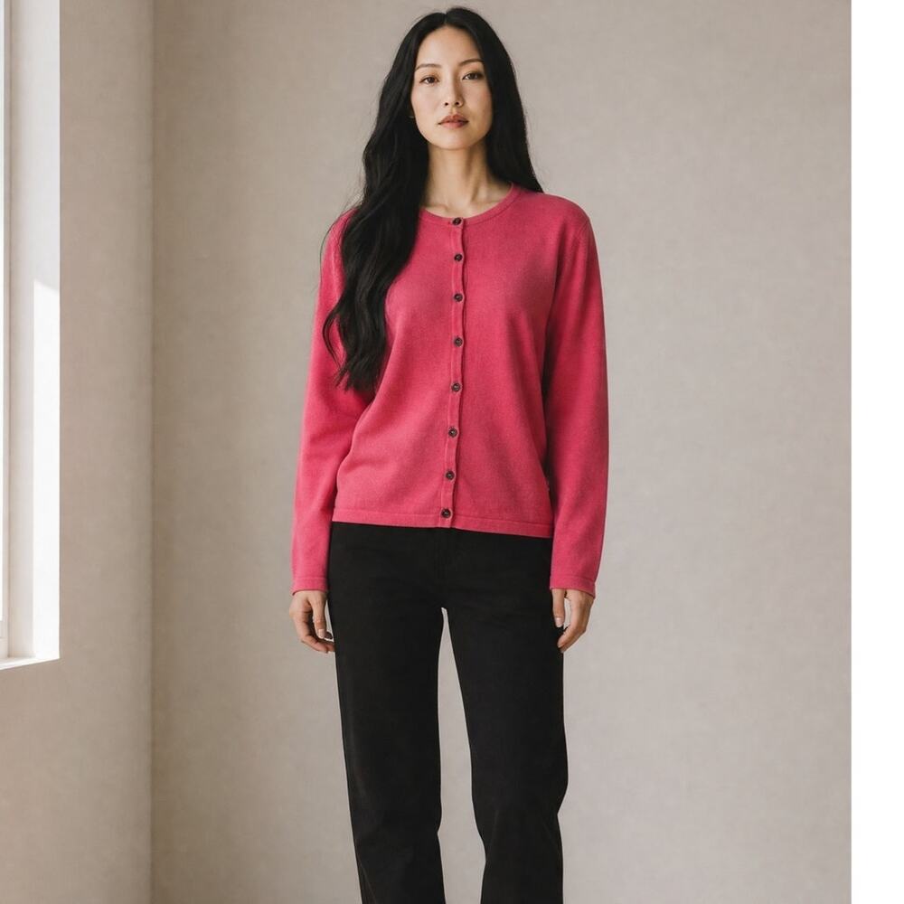 Knit cardigan sweater, J-crew neck Coral Pink with button front closure small